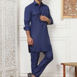 Anouk Navy Blue Shirt Collar Pathani Kurta with Pyjamas-36