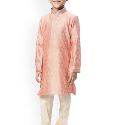 Manyavar Boys Coral Pink & Cream-Coloured Ethnic Motifs Kurta with Churidar-20