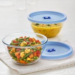 BOROSIL Set of 2 Glass & Blue Mixing & Serving Bowls With Lids-0