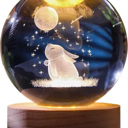 3D Moon Rabbit Crystal Ball 2.4" Galaxy Light With LED Wooden Base Night Lamp Table Lamp-image-34