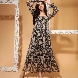 drape and dazzle Women Fit and Flare Black, Beige Midi/Calf Length Dress-picture-9