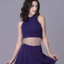 WOMENS DARK PURPLE HALTER NECK TOP AND FLOWY SKIRT SWIMSET Solid Women Swim-dress Purple Swimsuit-image-69