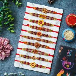 Rudraksh Rakhi for Bro Designer-TT-Double Line Mauli Thread Rakhi Set-7