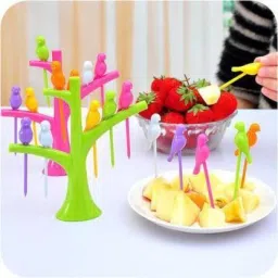 rc gift PLASTIC BIRD FORK SET WITH TREE SHAPE HOLDER RACK & 6 Bird Plastic Fork Disposable Plastic Salad Fork, Fruit Fork Set image 5