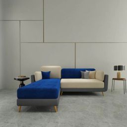 casacraft from pepperfry Montez Velvet RHS Sectional Sofa (2 + Lounger) in Blue & Beige Colour-picture-39