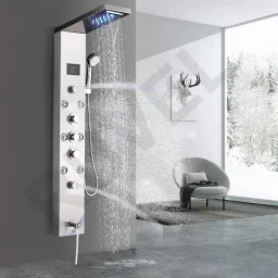 RUVEL AERIO 6 in 1 Tower Thermostatic Shower Panel with Hydropowered LED Light + Digital Display & 6 Water Functions With Top Rainfall Water Outlet, Waterfall Outlet, (Glossy Silver)-13
