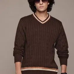 Men Self Design Round Neck Brown Sweater-image-66