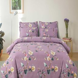 Hammer Home Mauve Floral Cotton 210 TC Queen Bedsheet with 2 Pillow Covers-picture-57
