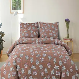 Hammer Home Brown & White Floral Cotton 210 TC Queen Bedsheet With 2 Pillow Covers-image-18