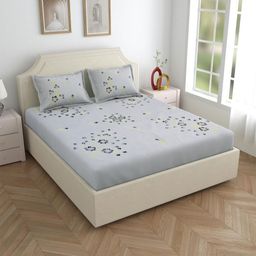 Salona Bichona Grey Printed 300 TC Pure Cotton Super King Bedsheet With 2 Pillow Covers-image-11