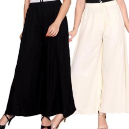 Pack of 2 Women Flared Cream, Black Cotton Blend Trousers-image-34