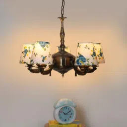 new era Devansh 05 Lights Printed conical cotton shade with Antique Golden Chandelier -B-picture-41