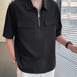 Men Solid Zip Neck Cotton Blend Black T-Shirt-image-18