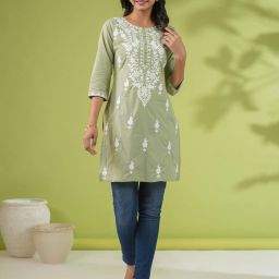 Casual Regular Sleeves Embroidered Women Light Green Top-image-26