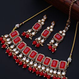 Shining Diva Gold-Plated Red Kundan-Studded Handcrafted Jewellery Set-image-54