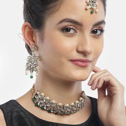 YouBella Green & White Gold-Plated Stone-Studded & Beaded Jewellery Set with Maang Tika-21