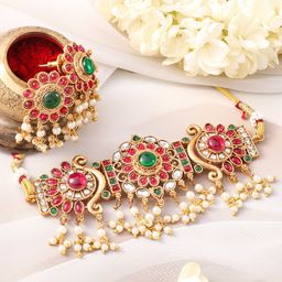 Rubans 22KT Gold-Plated Kundan Stone Studded & Pearls Beaded Choker Jewellery Set-18