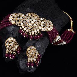 PANASH Woman Gold-Plated & Red Beaded Mirror Work Choker Jewellery Set-image-12