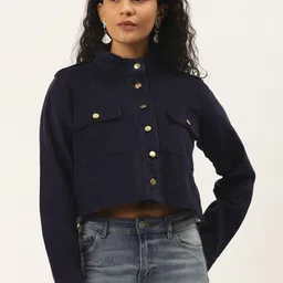 Off Label Women Navy Blue Corduroy Pure Cotton Solid Lightweight Crop Tailored Jacket-image-26