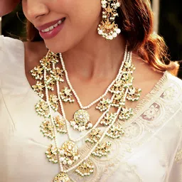 Rubans 22K Gold Plated Pearl Kundan Triple Layer Handcrafted Traditional Jewellery Set-picture-30
