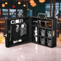 Faux Leather 4 Imported Glasses Portable Bar Set | Cocktail Shaker Set | Black 1 - Piece Bar Set-image-4