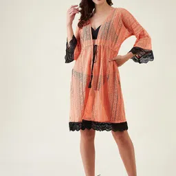 The Kaftan Company Peach & Black Self Design Swimwear Cover up Top-image-65