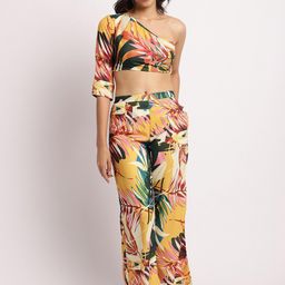 EROTISSCH Yellow Floral Printed Relaxed Fit Crop Top & Pant Swimwear Cover Up Set-image-13