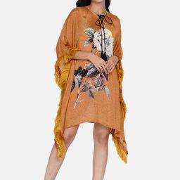 The Kaftan Company Women Mustard-Yellow & White Printed Sheer Kaftan Cover-Up Dress-50