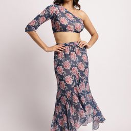 EROTISSCH Navy Blue Floral Printed Relaxed Fit Crop Top & Skirt Swimwear Cover Up Set-picture-58