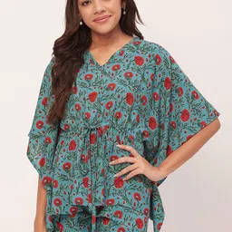 Moomaya Floral Printed V-Neck Kaftan Top & Shorts-5