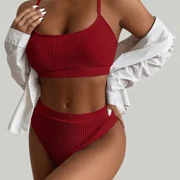 LULU & SKY Crimson Ribbed Shoulder Straps Low Coverage Bikini Set-image-53