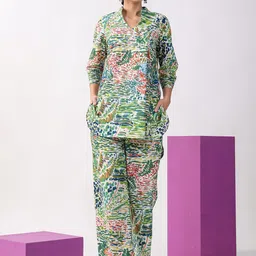 JISORA Floral Printed Mandarin Collar Pure Cotton Top With Pyjamas-picture-35