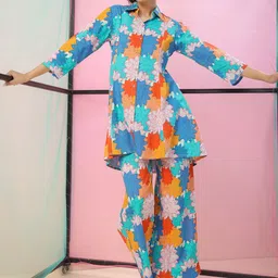 JISORA Blue Floral Printed Pure Cotton Shirt with Palazzos-picture-41
