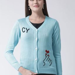 Club York Women Blue & Black Graphic Printed Long Sleeves Cardigan-image-102