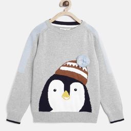 Cherry Crumble Kids Grey Melange & White Self Design Sweater-2