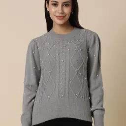 Allen Solly Woman Cable Knit Self Design Embellished Detailed Pure Acrylic Pullover-picture-21
