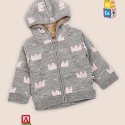 MeeMee Girls Grey & Pink Printed Cotton Front-Open Sweater-picture-40