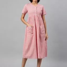 Cottinfab Red & White Striped A-Line Midi Dress-image-98