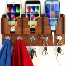 ™ 808 Wall Mount Wooden Multi-Functional Clothes & Key Hanger, Mobile Charging Wall Stand Suitable Living Room, Bedroom, Kitchen, Home & Office Wooden Wall Shelf-12