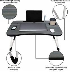 Wood Standard Multi-Purpose Laptop Table With Dock Stand/Study/Bed Table/Foldable & Portable/Ergonomic & Rounded Edges/Non-Slip Legs/Engineered Lapdesk With Cup Holder Black 39.4 Cm, 59.7 cm image 2
