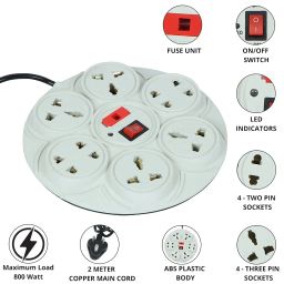 Digway 8+1 Round Strip Extension Cord 6 A 8 Universal Socket Multi Plug Point Extension Board with LED Indicator and Switch (Cable Length: 2.0 Meter, 230Volt ,Cream) image 1