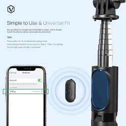 Virtutron Extendable Bluetooth Selfie Stick Tripod | Rechargeable Fill Light & 360° Rotation | Compatible with iPhone & Android Phones for Vlogging & Photography (1 Meter) – Black image 2