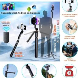 X3 Selfie Stick with Tripod Stand, 6 Feet Length, Wireless Remote, Detachable Holder, Bluetooth Compatible for iPhone/Android - Perfect for Vlogging & Photo Shoots (R16 Selfie Stick) image 1