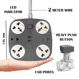 eSYSTEMS Extension Cord with USB Port, 10A 220 Volts [6 Socket Outlet with 2 USB Port] [Fire Flame Proof] [USB Charging Port] [2 Meter Cord] Multi Plug Extension Board- (Grey) image 3