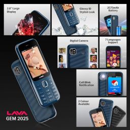 Lava Gem 2025 Dual Sim Keypad Phone (2.8" Display, Camera & Flash) | 2575mAh Smart AI Powerful Battery | Wireless FM & Recording | Stereo Speakers | Call Recording (Blue Chrome) image 3