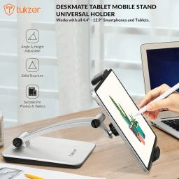 Tukzer Foldable Professional Tablet & Mobile Stand Holder with 360° Swivel & Height/Angle Adjustment| Sturdy & Heavy Metal Base, Solid Structure Cable Clips| for Up to 12 Inch Screen Devices (Grey) image 1