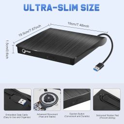 rts External USB 3.0 Portable CD DVD +/-RW Drive Burner Slim DVD/CD ROM Rewriter Player Superdrive, High Speed Data Transfer for Laptop MacBook Desktop PC, Plug and Play image 4