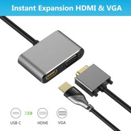 Znoogrn USB C to HDMI VGA Adapter, 2 in 1 Thunderbolt 3 Type-C to VGA 4K HDMI Converter for Dual Monitor Adapter Compatible with MacBook Pro, iPhone 16 15 Pro Max, Surface Pro, PC, etc image 1