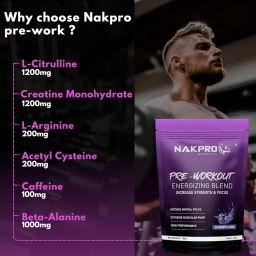 Nakpro Pre Workout Supplement (Blueberry, 100g Powder) with 100mg Caffeine, 1200mg Creatine Monohydrate and 1200mg Citrulline|Helps in Lean Muscle Building, Improves Workout Performance - 20 Servings image 2