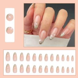 24 Reusable Artificial Fake Nail Set| Peach Color With Golden Zari And White Heart Design Almond Glossy Nails| Lightweight & Long Lasting| Quick Fix For Festivals & Special Occasions image 1